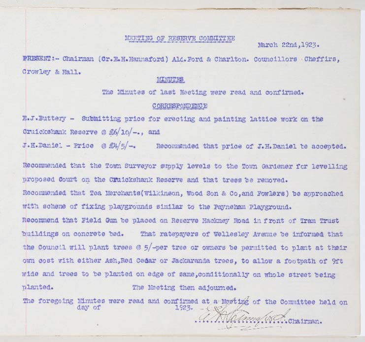 The meeting minutes document the planting and management of street trees in the former Town of St Peters. 